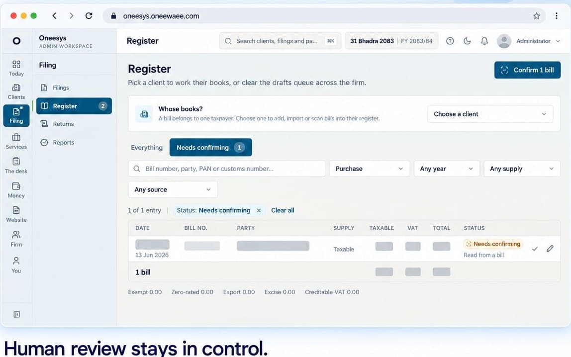 The Oneesys bill register with scanned lines awaiting human confirmation before they enter the return