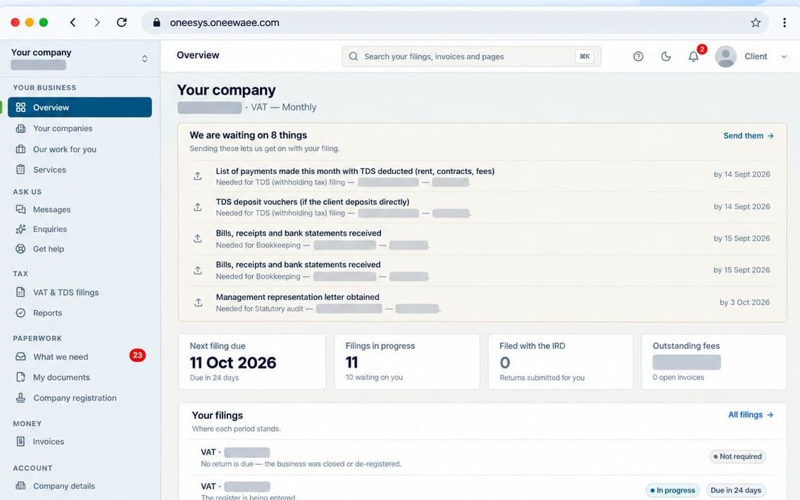 Oneesys — Client portal: What your client sees when they sign in.