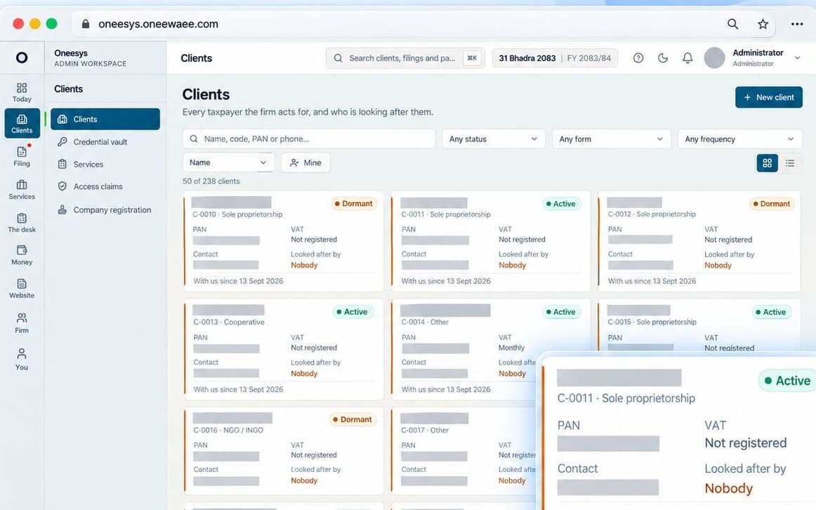 The Oneesys client register, showing client cards with status, tax registration and who is responsible for each one