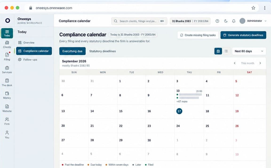 The Oneesys compliance calendar showing a Nepali month with filing tasks and statutory deadlines marked against dates