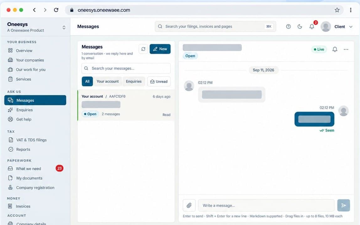 The Oneesys conversations inbox with threads across clients and colleagues