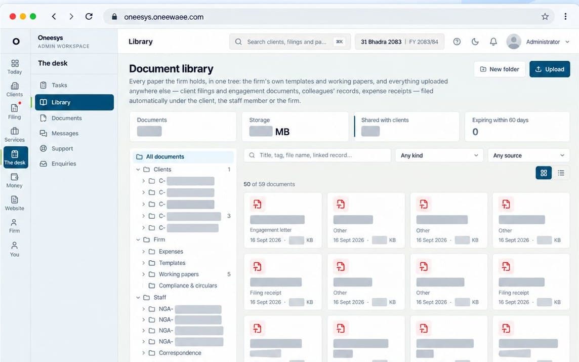 The Oneesys document library with an automatically organised folder tree and versioned files