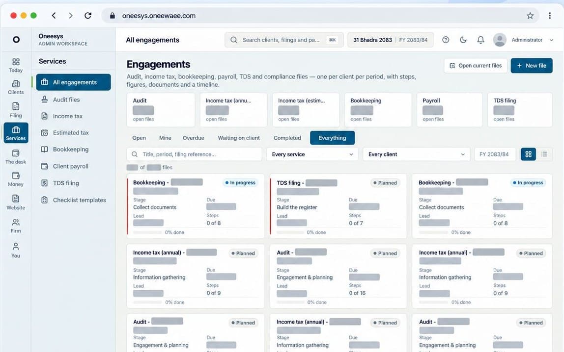 The Oneesys engagements board showing jobs grouped by service with progress against each stage
