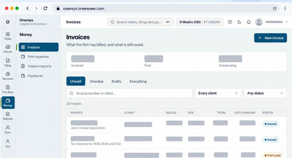 The Oneesys invoices screen showing invoiced, paid and outstanding amounts with follow-up state per invoice
