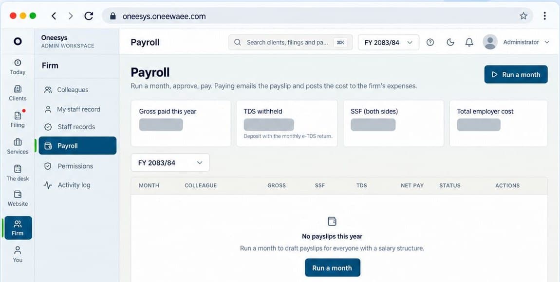 Oneesys — Payroll: Runs, payslips and contribution schedules.