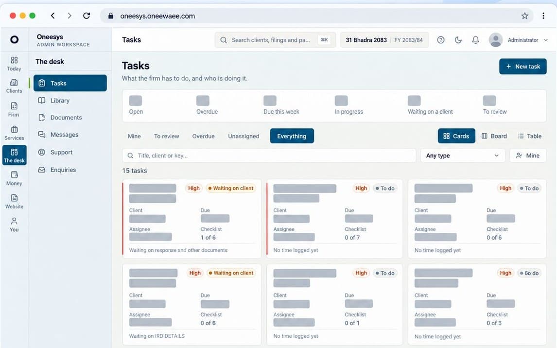 Oneesys — The desk: Tasks with owners, priorities and progress.