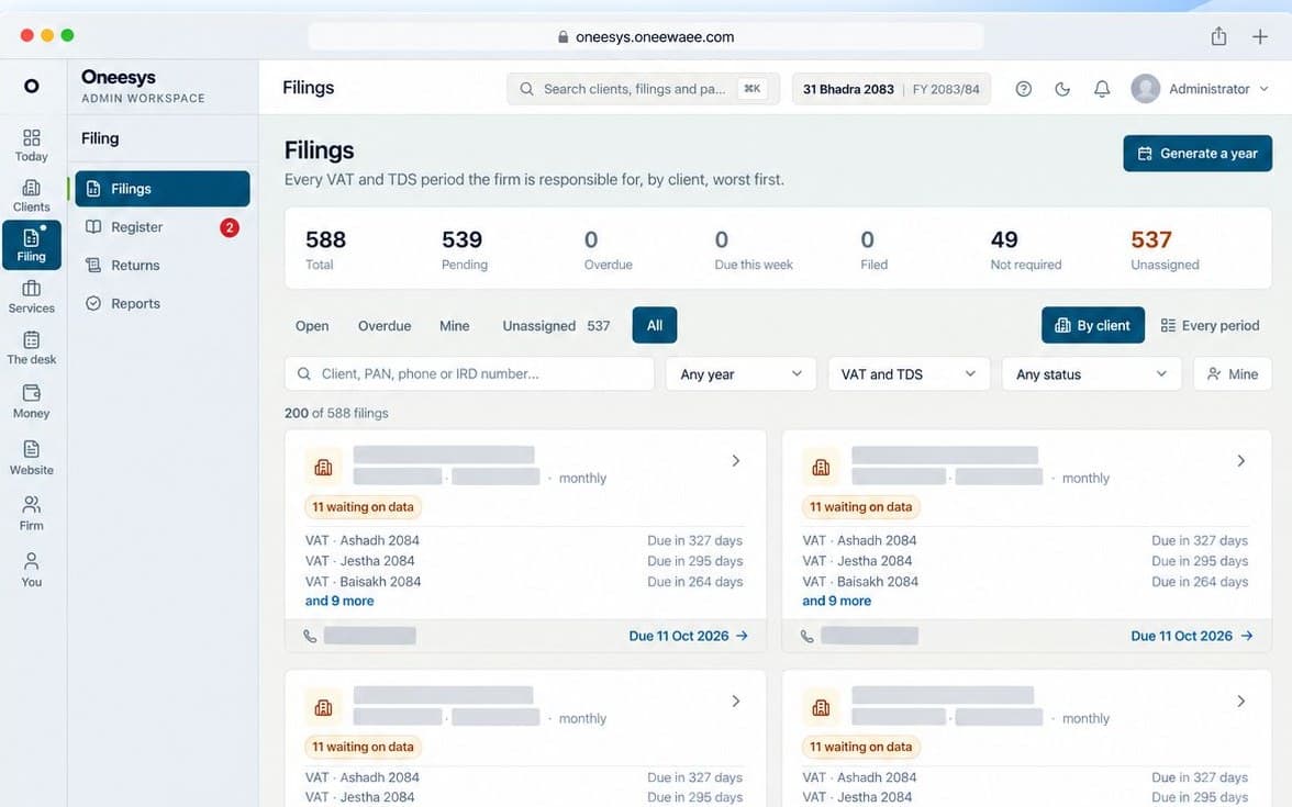 Oneesys — Filing workflow: Registers, computation and the filing record.