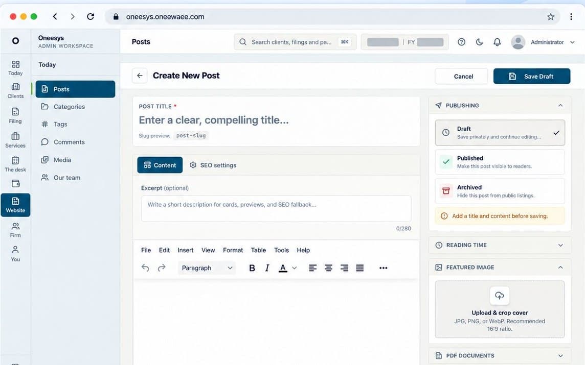 Oneesys — Website content: Your public pages, from the same place.